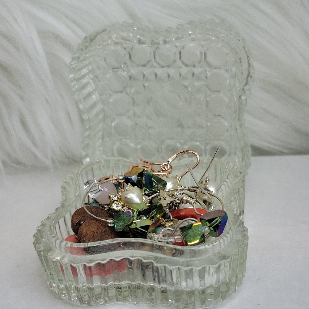 Vintage Glass Trinket Box with Assorted Earrings